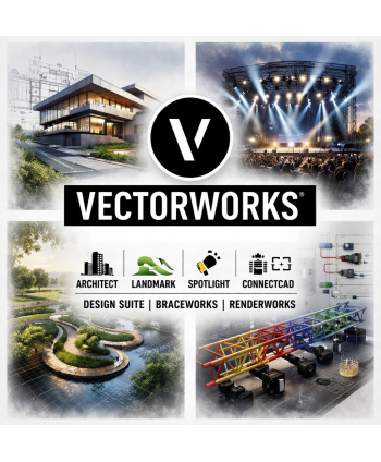 VectorWorks Design Suite (Architect, Spotlight, Landmark), Braceworks, Renderworks, ConnectCAD